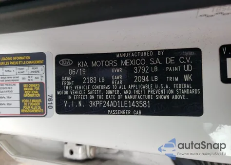 2020 Kia Forte Fe z USA, uszkodzony, nr VIN 3KPF24AD1LE143581